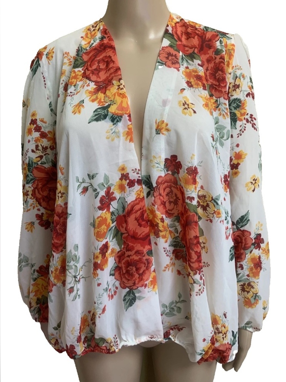 Ups & Downs Red Yellow Green Floral Open Back V-Neck Tie Blouse Plus Sz 1X